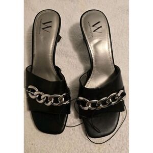 Worthington  Womens Slide Black Sandals Silver Chain Logo Size 7.5 M NWT